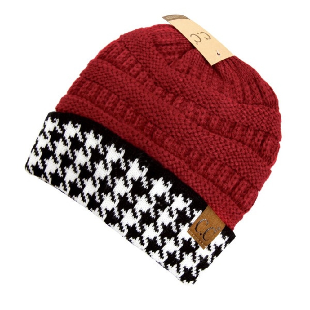 Ribbed Beanie Hat Red/Houndstooth